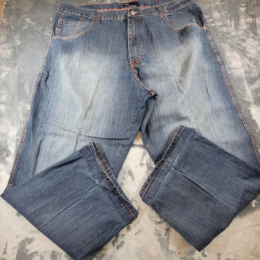 Qruel Jeans Company Mens 50x32 Wide Leg Denim Dark Wash Orange Stitch Blue